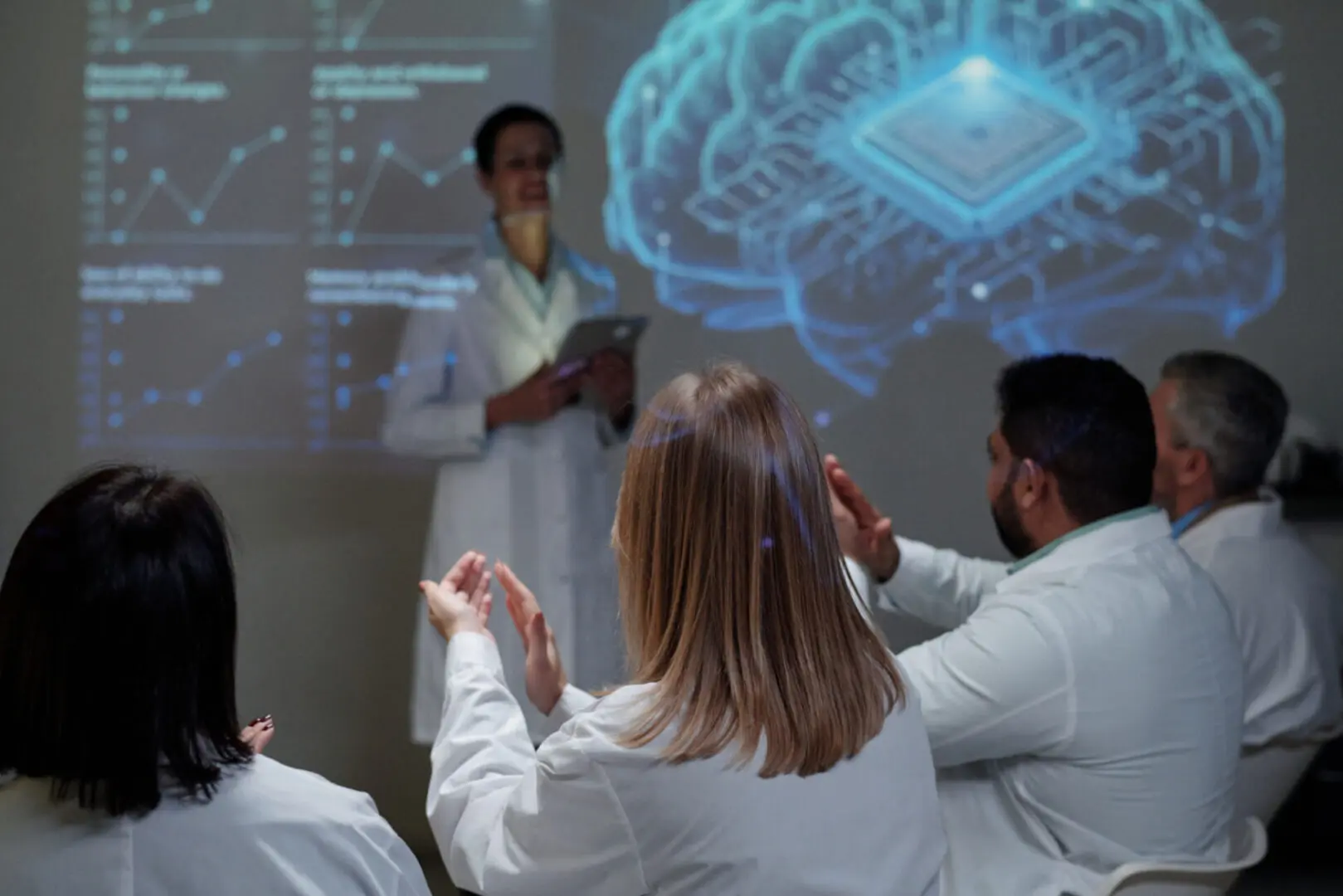 Scientists discussing digital brain projection