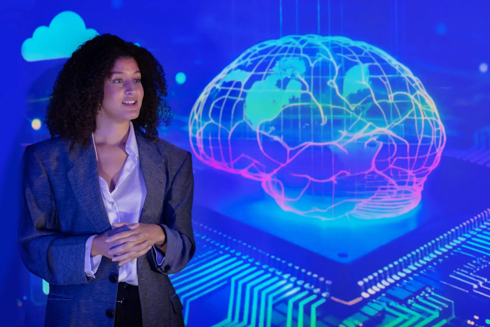 Technology presentation with glowing brain image