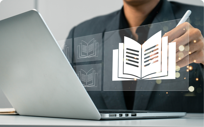 Laptop and digital book graphic interaction