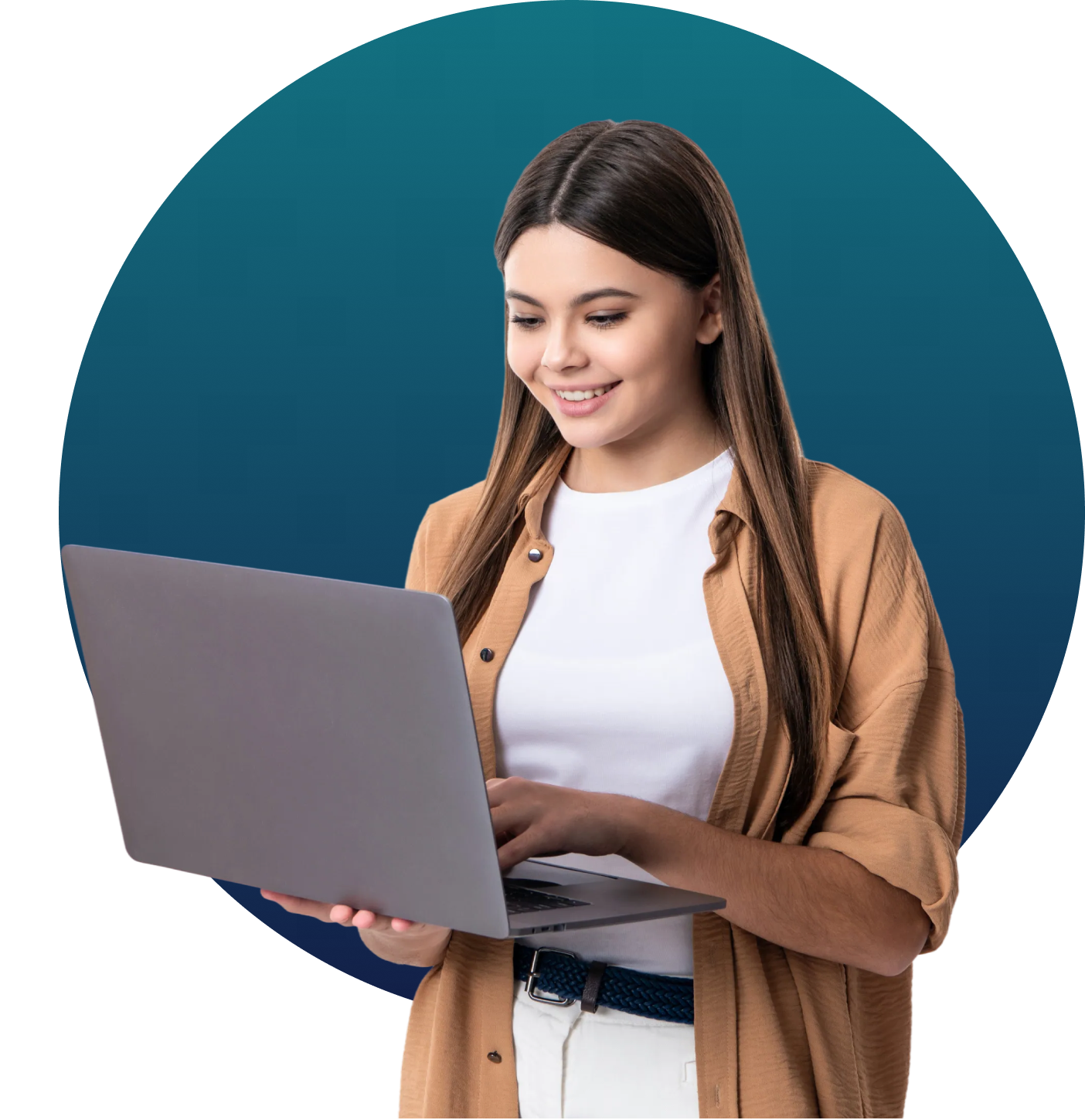 Person smiling while working on laptop