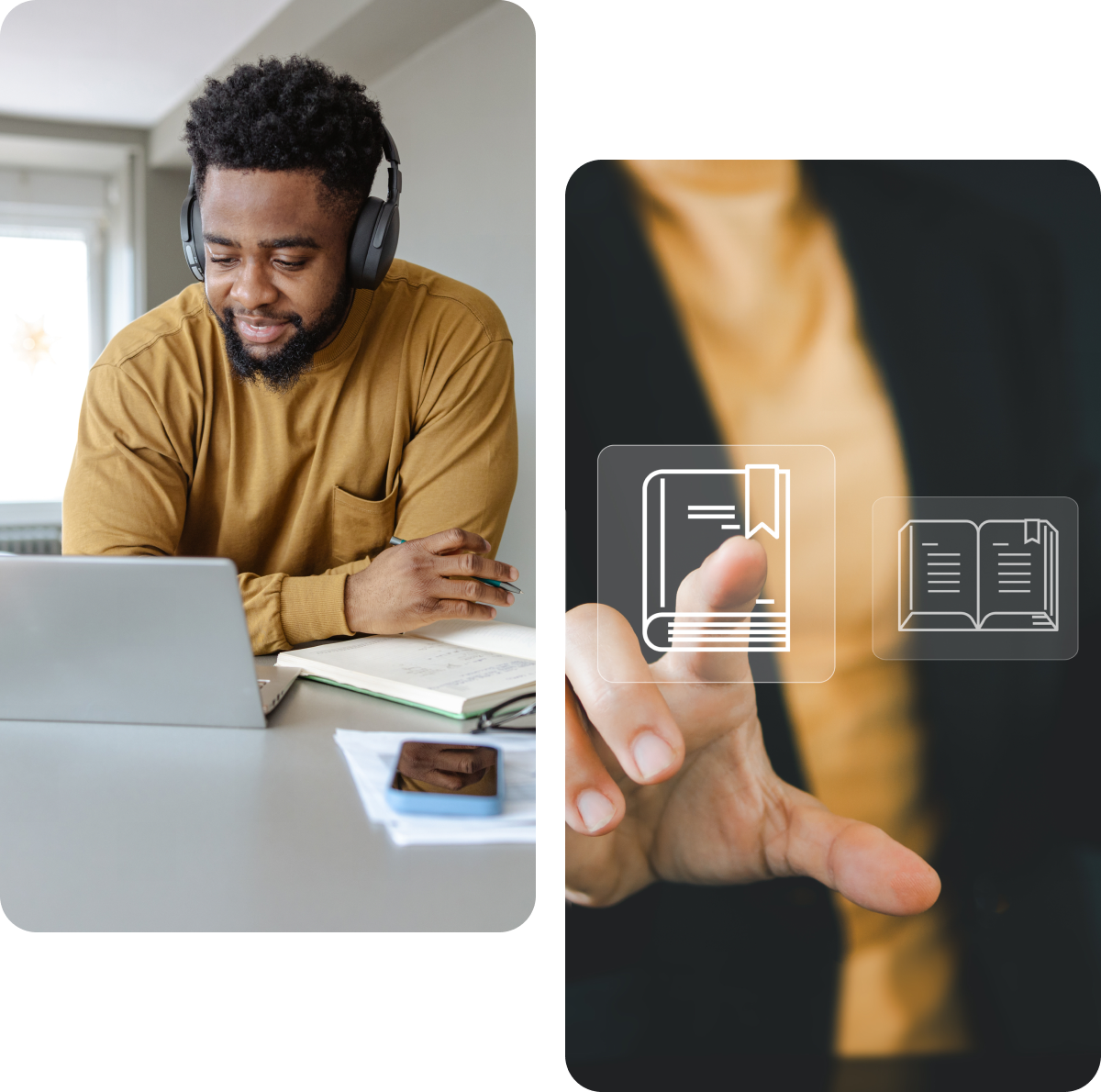 Person selecting digital book icon